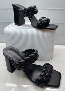 SYKTKMX Braided Square Open-toe Block Heels Slide Sandals, Black, Women's 8 NWOT